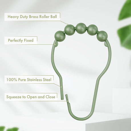 AmazerBath Sage Green stainless steel shower curtain rings with roller ball and secure clasp details