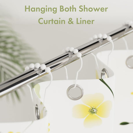 AmazerBath White stainless steel shower curtain rings with holding a shower curtain and liner