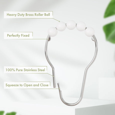AmazerBath Matte White stainless steel shower curtain rings with roller ball and secure clasp details