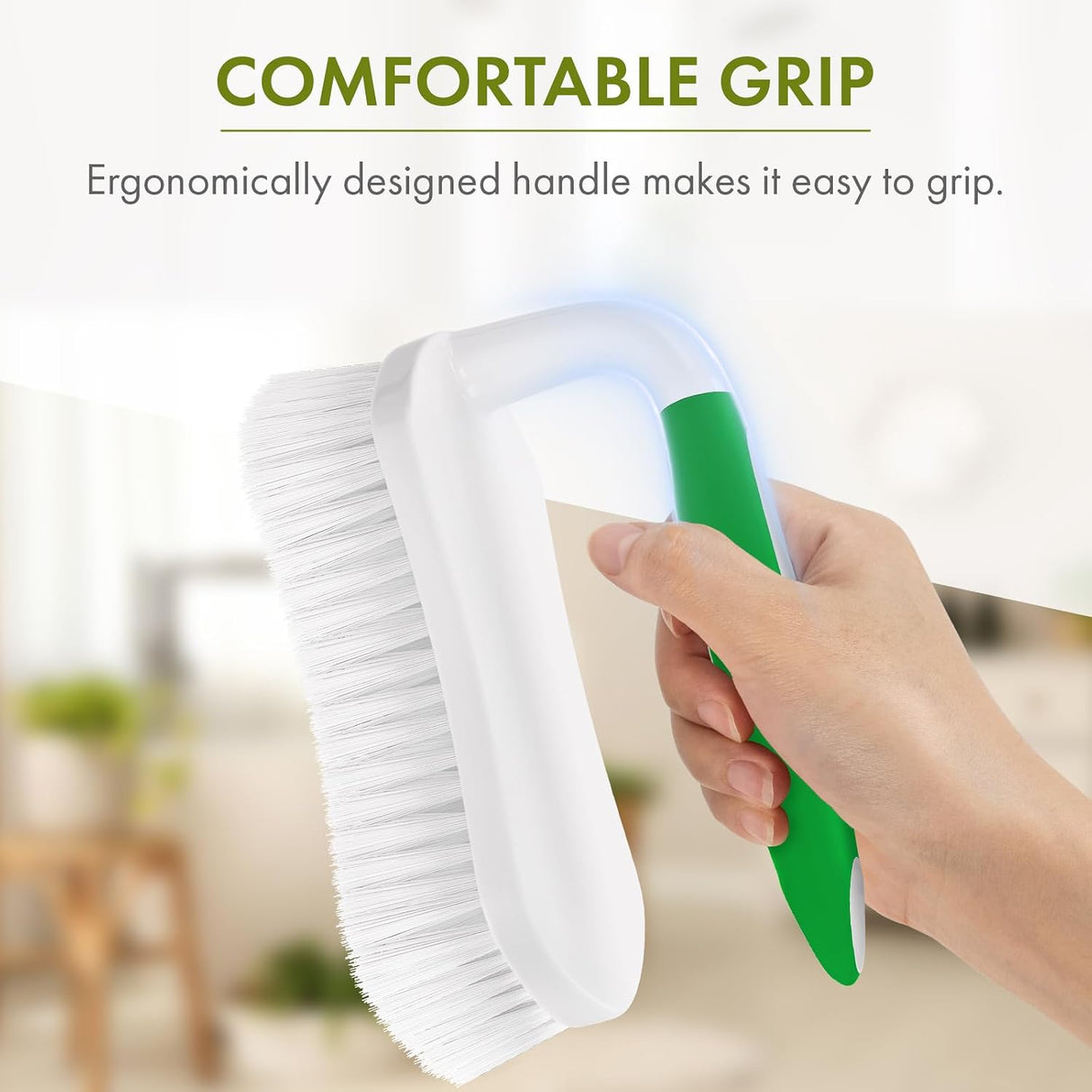 Ergonomic comfortable-grip handle on the Stiff-Bristle Scrub Brushes with Comfort Grip, 2-Pack in green.