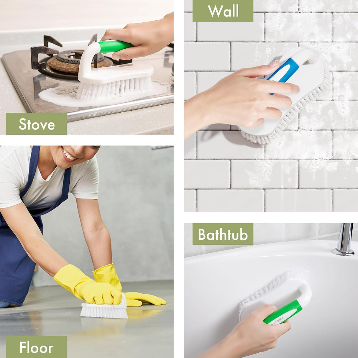 AmazerBath blue and green stiff-bristle scrub brushes used on a stovetop, wall tile, floor, and bathtub.