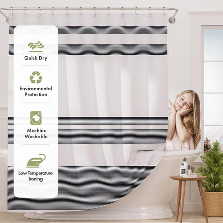 AmazerBath Wavy Striped Shower Curtain with 12 Rings in Blue, product detail image highlighting the design and key features.