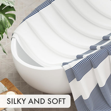 AmazerBath Wavy Striped Shower Curtain with 12 Rings in Blue, product detail image highlighting the design and key features.