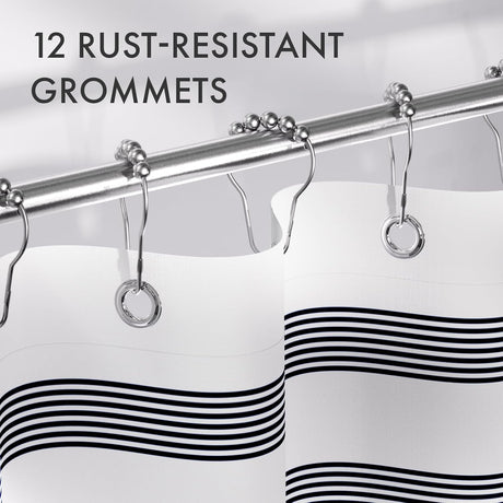 AmazerBath Wavy Striped Shower Curtain with 12 Rings in Blue, product detail image highlighting the design and key features.