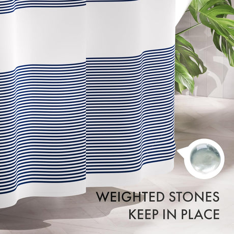AmazerBath Wavy Striped Shower Curtain with 12 Rings in Blue, product detail image highlighting the design and key features.