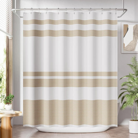 AmazerBath Wavy Striped Shower Curtain with 12 Rings, product image showing design and key features.