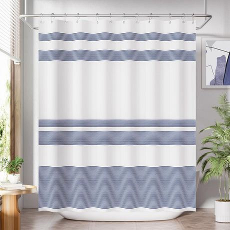 AmazerBath Wavy Striped Shower Curtain with 12 Rings, product image showing design and key features.