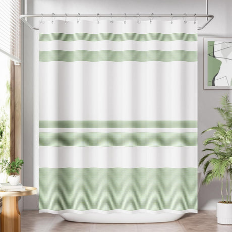 AmazerBath Wavy Striped Shower Curtain with 12 Rings, product image showing design and key features.