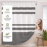 Water beading on the waterproof Wavy Striped Shower Curtain with 12 Rings.