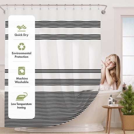 AmazerBath Wavy Striped Shower Curtain with 12 Rings, product image showing design and key features.