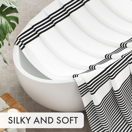 AmazerBath Wavy Striped Shower Curtain with 12 Rings, product image showing design and key features.