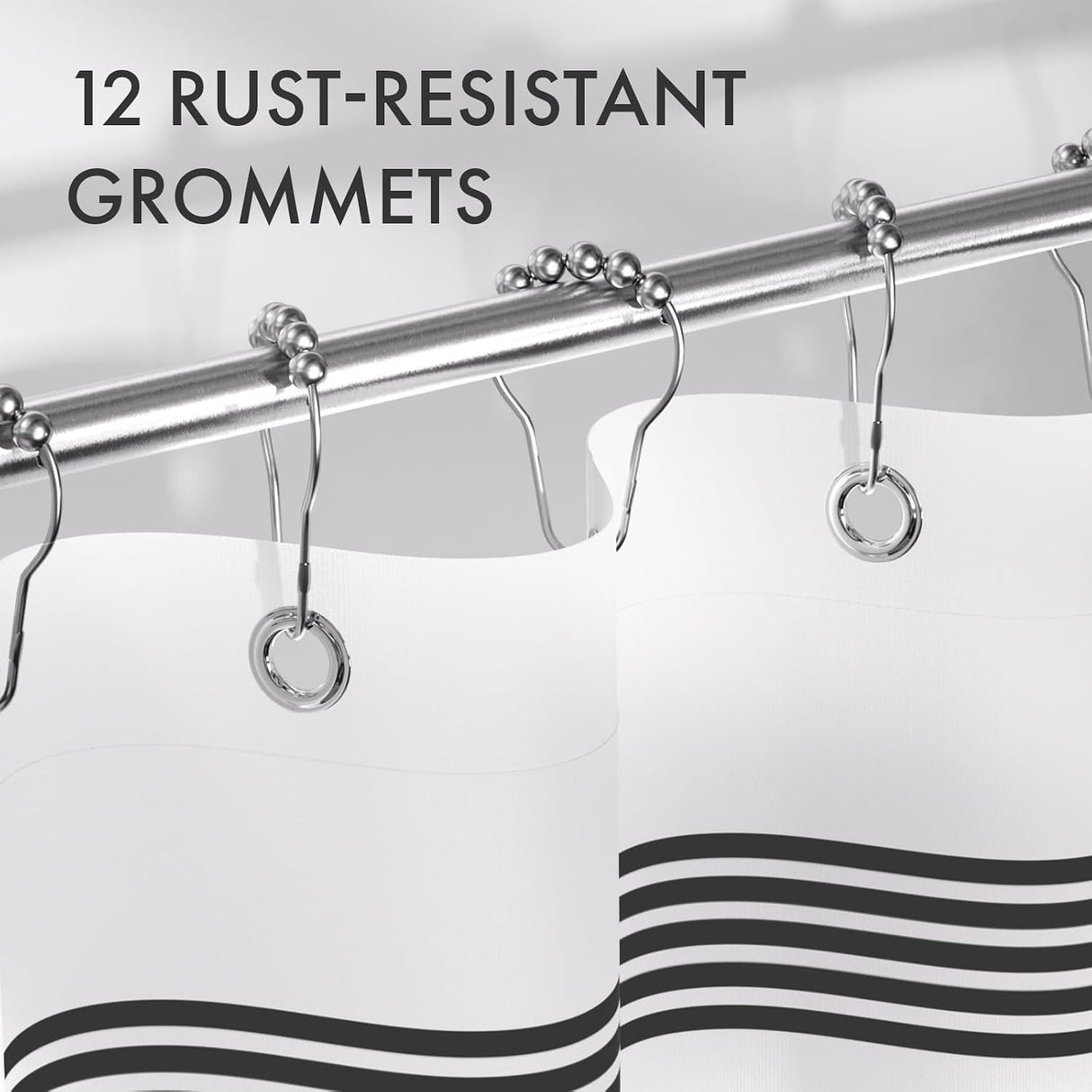 Rust-resistant hardware detail on the Wavy Striped Shower Curtain with 12 Rings.
