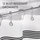 Rust-resistant hardware detail on the Wavy Striped Shower Curtain with 12 Rings.