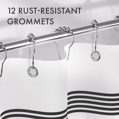 AmazerBath Wavy Striped Shower Curtain with 12 Rings, product image showing design and key features.