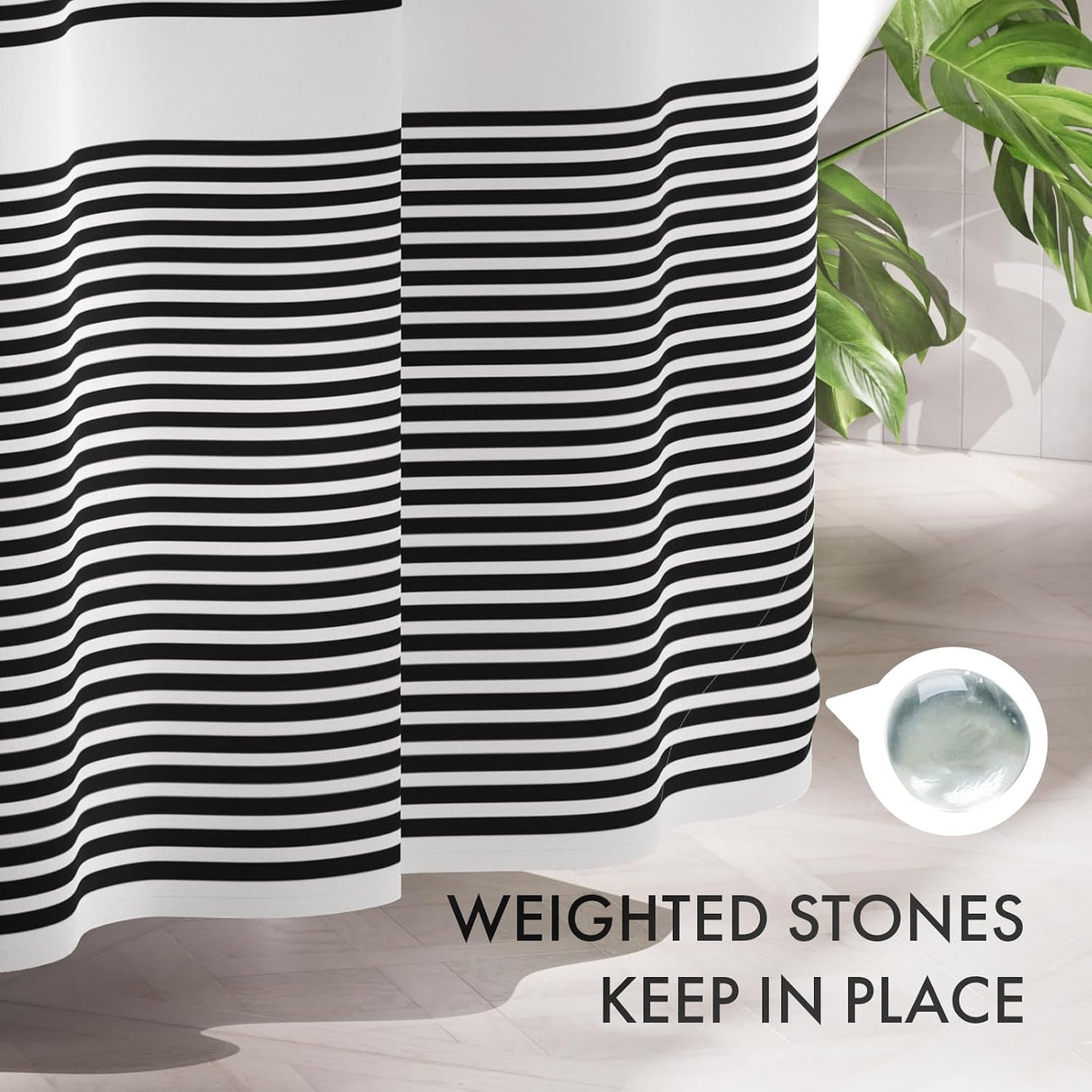 AmazerBath Wavy Striped Shower Curtain with 12 Rings, product image showing design and key features.