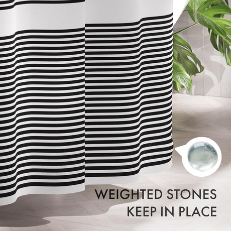 AmazerBath Wavy Striped Shower Curtain with 12 Rings, product image showing design and key features.