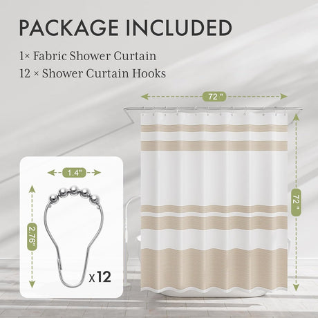 AmazerBath Wavy Striped Shower Curtain with 12 Rings in Khaki, product detail image highlighting the design and key features.