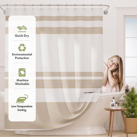 AmazerBath Wavy Striped Shower Curtain with 12 Rings in Khaki, product detail image highlighting the design and key features.