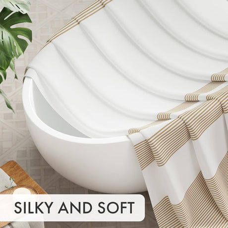 AmazerBath Wavy Striped Shower Curtain with 12 Rings in Khaki, product detail image highlighting the design and key features.