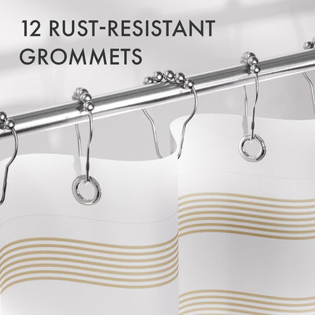 AmazerBath Wavy Striped Shower Curtain with 12 Rings in Khaki, product detail image highlighting the design and key features.