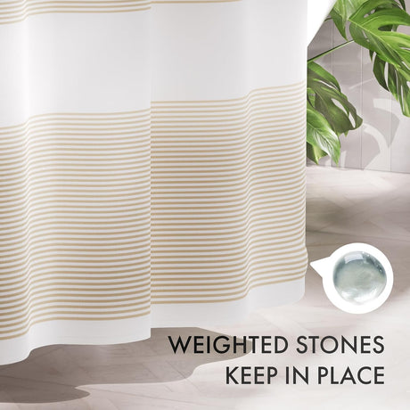 AmazerBath Wavy Striped Shower Curtain with 12 Rings in Khaki, product detail image highlighting the design and key features.