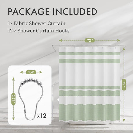 AmazerBath Wavy Striped Shower Curtain with 12 Rings in Sage Green, product detail image.