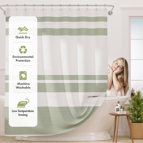 AmazerBath Wavy Striped Shower Curtain with 12 Rings in Sage Green, product detail image.