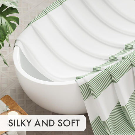 AmazerBath Wavy Striped Shower Curtain with 12 Rings in Sage Green, product detail image.