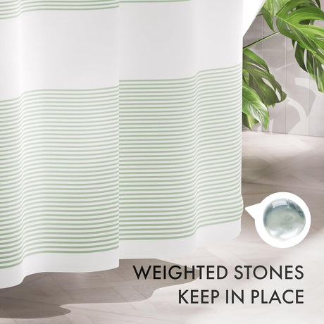 AmazerBath Wavy Striped Shower Curtain with 12 Rings in Sage Green, product detail image.