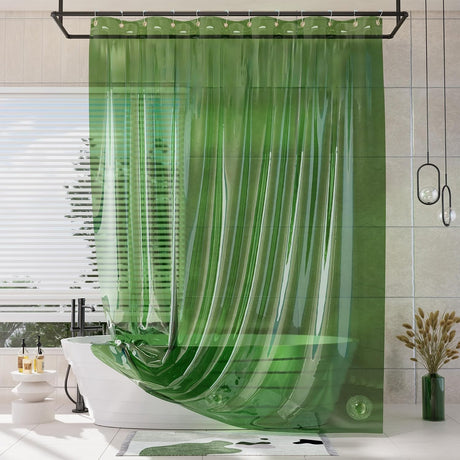 Emerald translucent AmazerBath Sun EVA shower curtain liner installed in a bright bathroom.