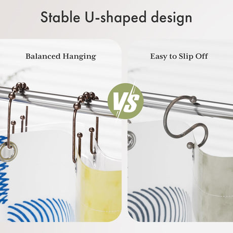 AmazerBath U-Shaped Double Shower Curtain Hooks with Rollers, Set of 12 in Bronze, product detail image.
