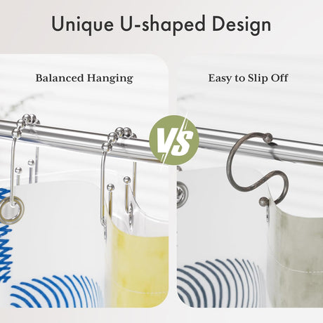 AmazerBath U-Shaped Double Shower Curtain Hooks with Rollers, Set of 12 in Chrome, product detail image.