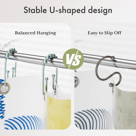 AmazerBath U-Shaped Double Shower Curtain Hooks with Rollers, Set of 12 in Lightcyan, product detail image.