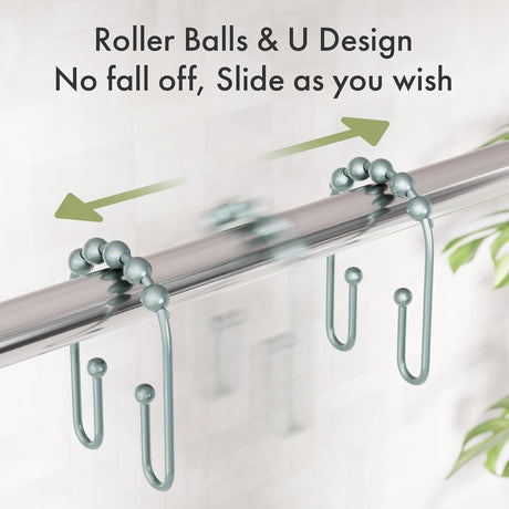 AmazerBath U-Shaped Double Shower Curtain Hooks with Rollers, Set of 12 in Lightcyan, product detail image.
