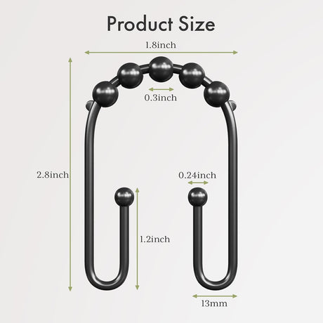 AmazerBath U-Shaped Double Shower Curtain Hooks with Rollers, Set of 12 in Matte Black, product detail image.