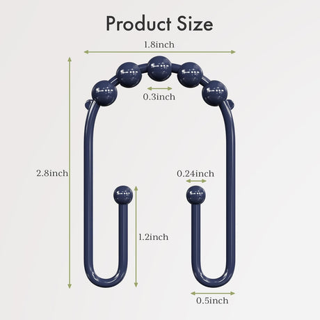 AmazerBath U-Shaped Double Shower Curtain Hooks with Rollers, Set of 12 in Navy Blue, product detail image.