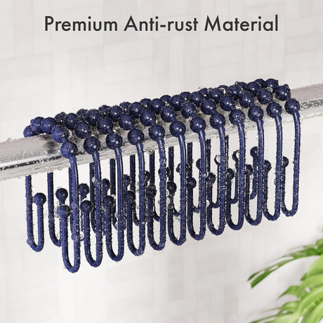 AmazerBath U-Shaped Double Shower Curtain Hooks with Rollers, Set of 12 in Navy Blue, product detail image.
