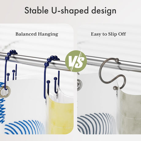 AmazerBath U-Shaped Double Shower Curtain Hooks with Rollers, Set of 12 in Navy Blue, product detail image.