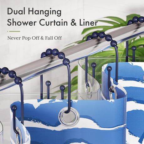 AmazerBath U-Shaped Double Shower Curtain Hooks with Rollers, Set of 12 in Navy Blue, product detail image.