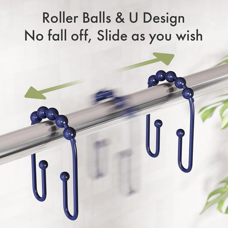 AmazerBath U-Shaped Double Shower Curtain Hooks with Rollers, Set of 12 in Navy Blue, product detail image.