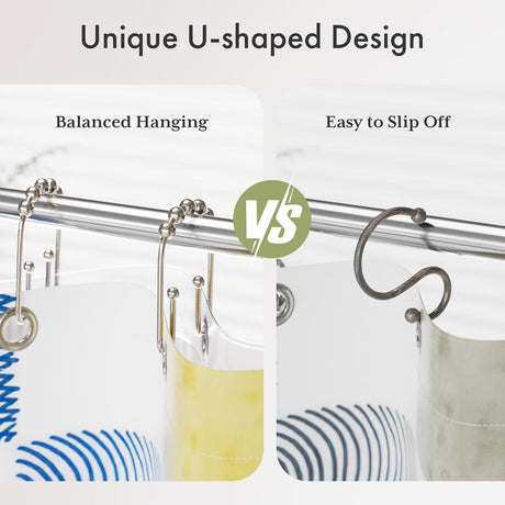 AmazerBath U-Shaped Double Shower Curtain Hooks with Rollers, Set of 12 in Nickel, product detail image.