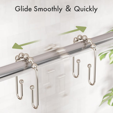 AmazerBath U-Shaped Double Shower Curtain Hooks with Rollers, Set of 12 in Nickel, product detail image.