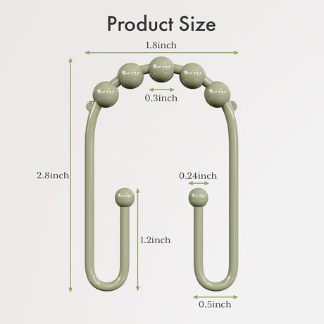 AmazerBath U-Shaped Double Shower Curtain Hooks with Rollers, Set of 12 in Sage Green, product detail image.