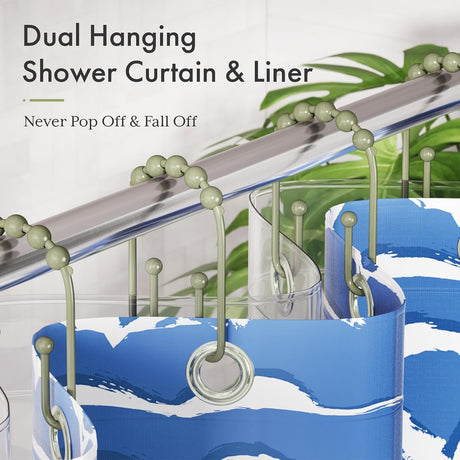 AmazerBath U-Shaped Double Shower Curtain Hooks with Rollers, Set of 12 in Sage Green, product detail image.