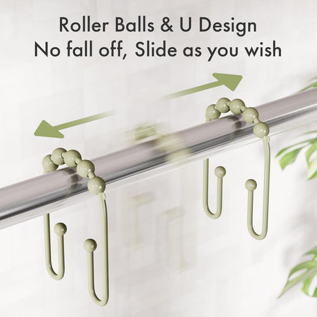 AmazerBath U-Shaped Double Shower Curtain Hooks with Rollers, Set of 12 in Sage Green, product detail image.