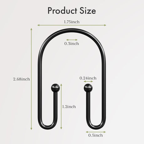 AmazerBath U-Shaped Double Shower Curtain Hooks, Set of 12 in Black, product detail image.