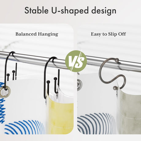 AmazerBath U-Shaped Double Shower Curtain Hooks, Set of 12 in Black, product detail image.