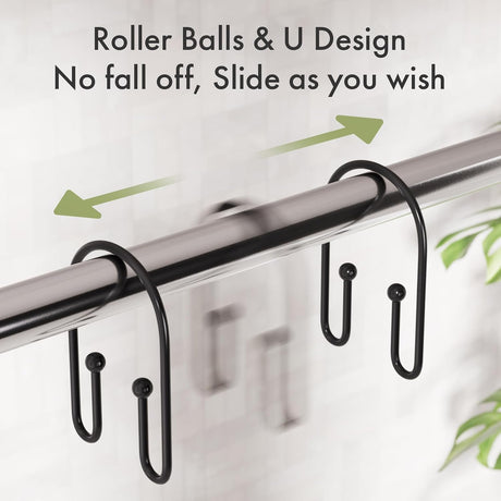 AmazerBath U-Shaped Double Shower Curtain Hooks, Set of 12 in Black, product detail image.