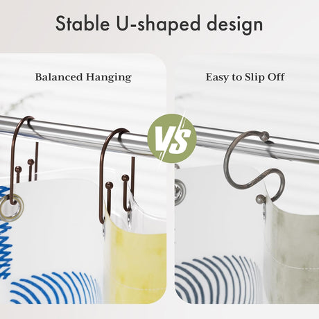 AmazerBath U-Shaped Double Shower Curtain Hooks, Set of 12 in Bronze, product detail image.