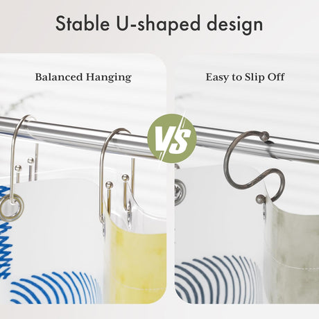 AmazerBath U-Shaped Double Shower Curtain Hooks, Set of 12 in Nickel, product detail image.